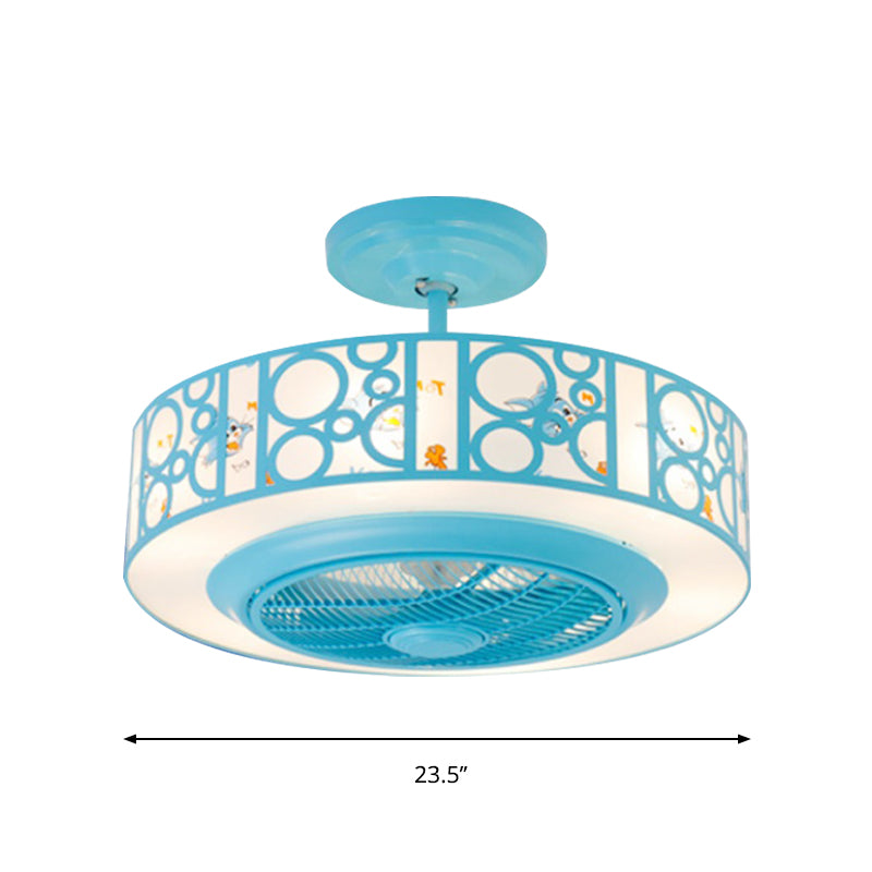 Drum Metal Fan Light Kids LED Pink / Blue 3 Blades Semi Flush Mount Lighting for Nursery, 23,5 "de long