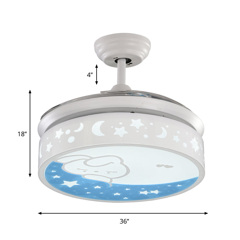 Drum contemporain fans de lampe en métal LED 36 "LA CHAMBRE À KIDES DE LA LIGE 4 BLADES SEMI FUX MONT EN BLANC avec un lapin et un motif d'étoile
