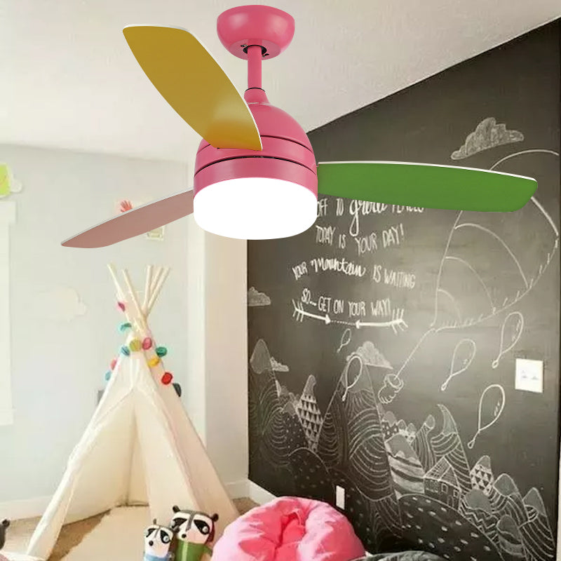 Dome Pendant Fan Lighting Kids Acrylic LED Pink/Blue Semi Flush Mount Light with 3 Colorful Blades for Bedroom, 39" Wide