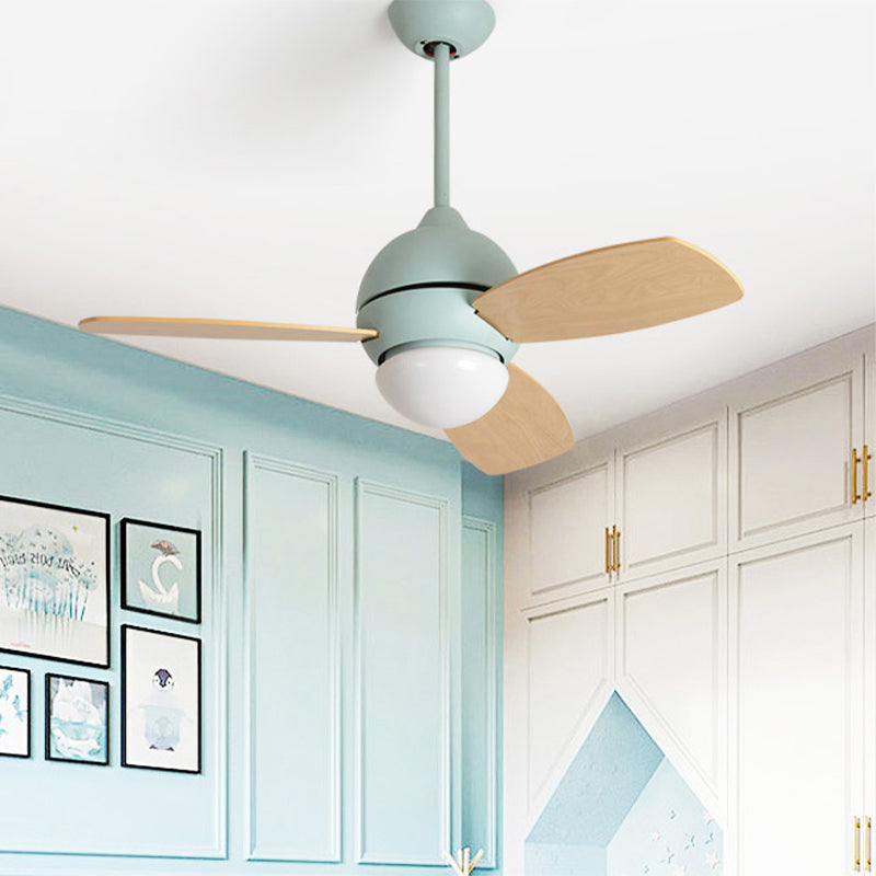 Modernist Bowl Metal Light LED Semi-Flush Monte en rosa/amarillo/verde con 3 cuchillas de madera para sala de estar, 34 "de ancho