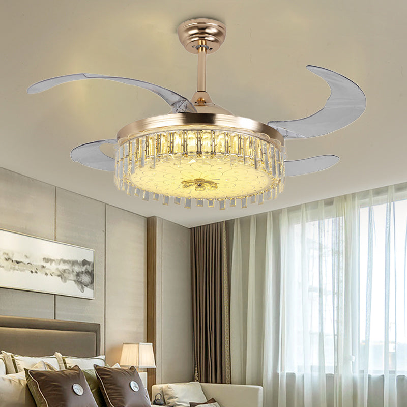 Gold Round Ceiling Fan Light Modern LED Crystal Semi Mount Lighting with Remote Control/Wall Control