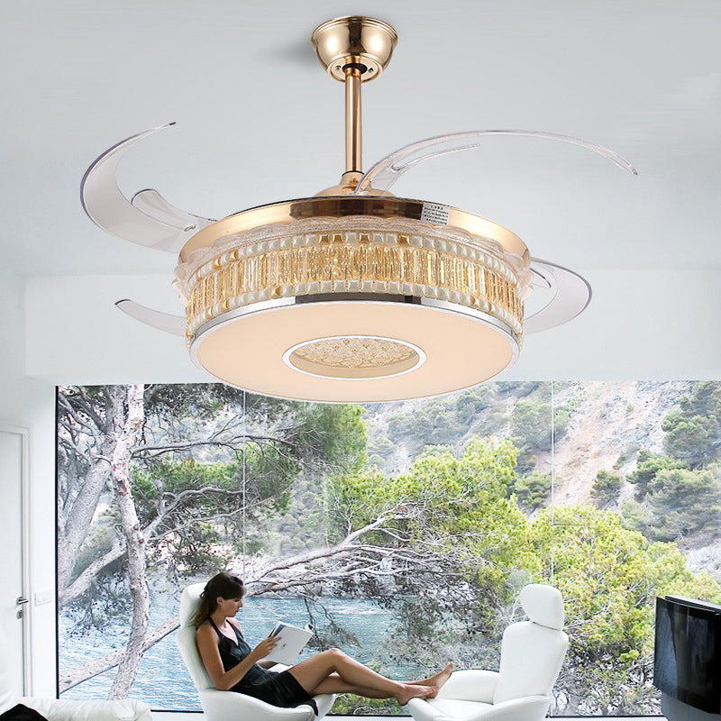 Concave Carved Semi Flush Light Contemporary Gold Finish LED Crystal Block Ceiling Light with Fan