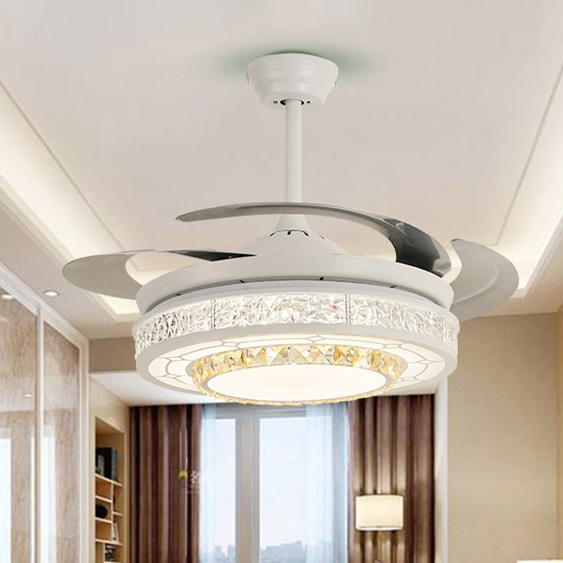Modern Style Round Ceiling Fan Light Carved Clear Crystal White LED Semi Mount Lamp with/without Bluetooth