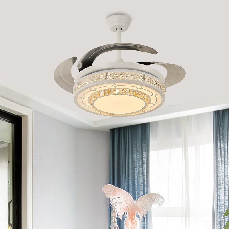 Modern Style Round Ceiling Fan Light Carved Clear Crystal White LED Semi Mount Lamp with/without Bluetooth
