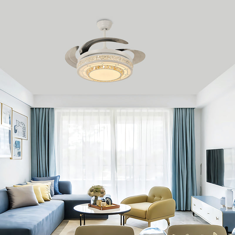 Modern Style Round Ceiling Fan Light Carved Clear Crystal White LED Semi Mount Lamp with/without Bluetooth