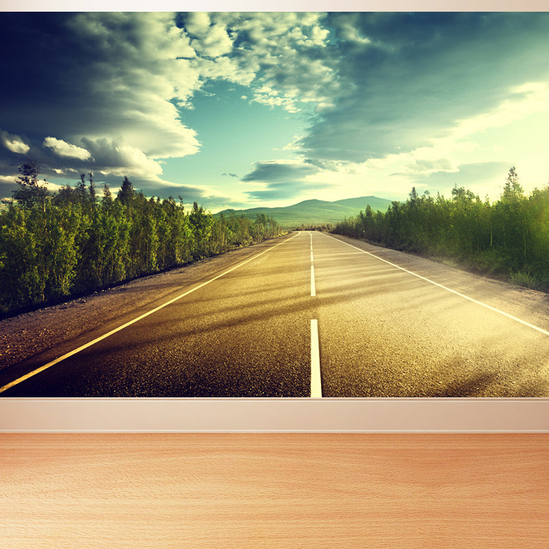 Highway Scene Mural Wallpaper Modern Non-Woven Cloth Wall Covering in Soft Color
