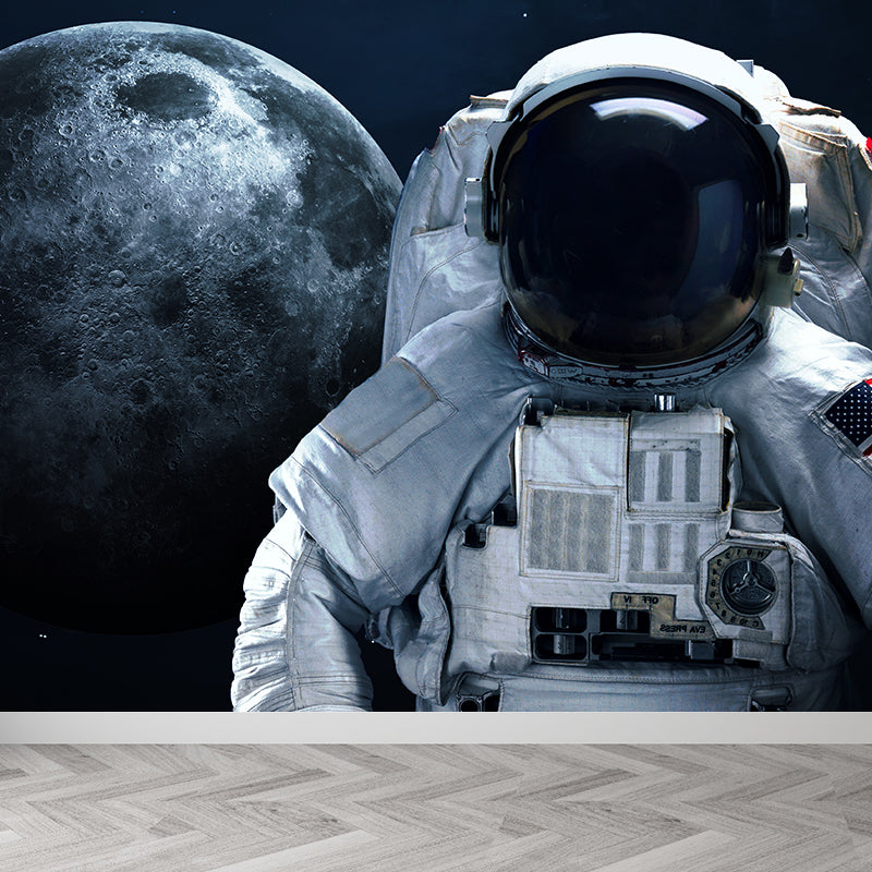 White Astronaut Printed Mural Stain Resistant Fictional Boys Bedroom Wall Covering