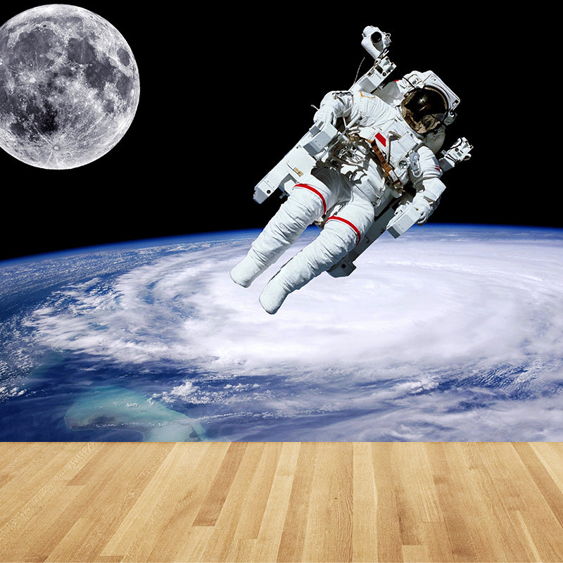 White Astronaut Printed Mural Stain Resistant Fictional Boys Bedroom Wall Covering