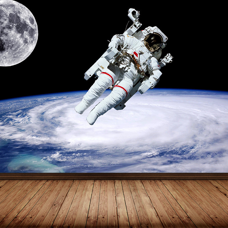 White Astronaut Printed Mural Stain Resistant Fictional Boys Bedroom Wall Covering