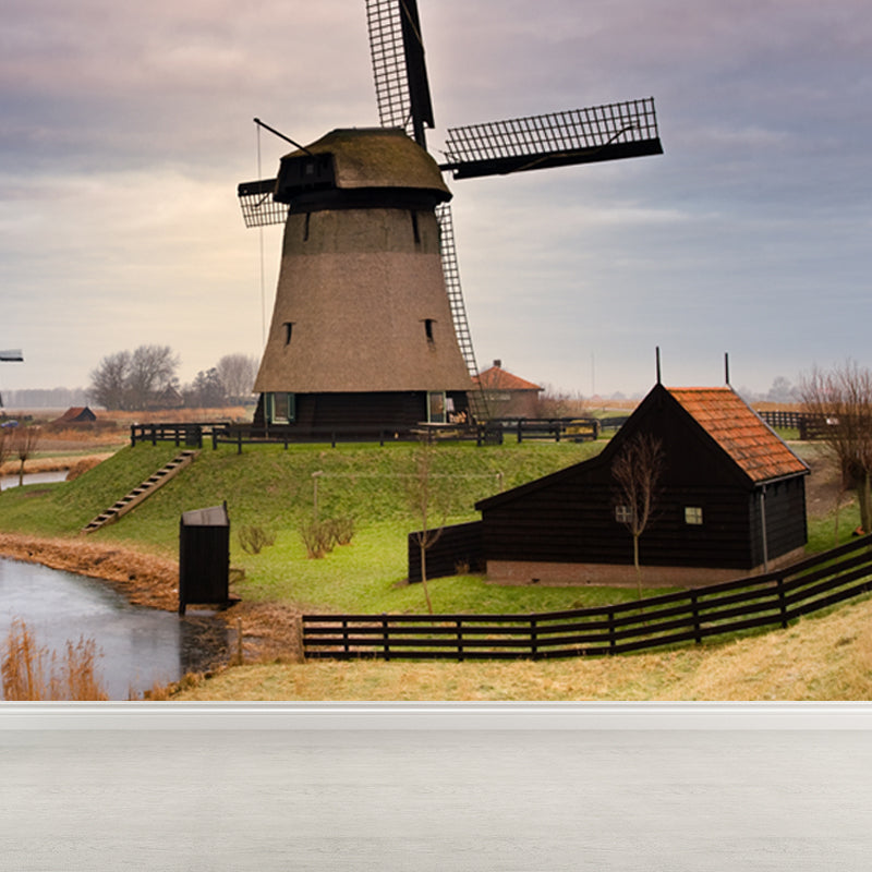 Romantic Windmill View Mural Decal for Living Room, Soft Color, Custom Size Available