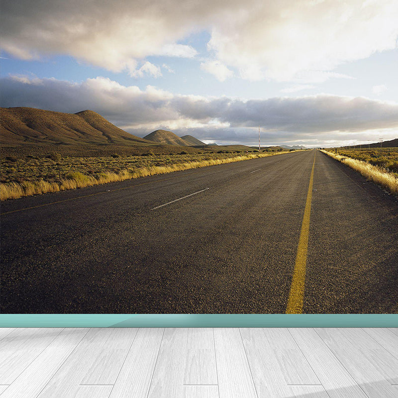 Full Size Photography Modern Mural Wallpaper with Highway and Grassland in Light Color