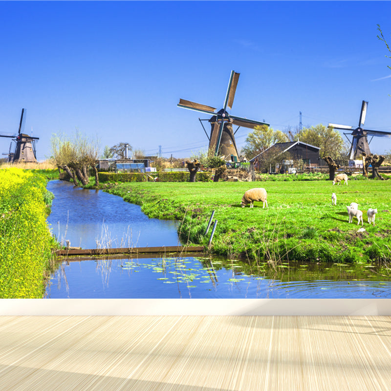 Full Size Photography Modern Mural Wallpaper with Windmill Landscape in Soft Color