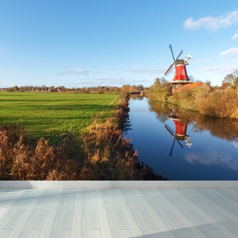 Rotating Windmill Mural Wallpaper for Dining Room Summer Wall Decor, Custom Printed