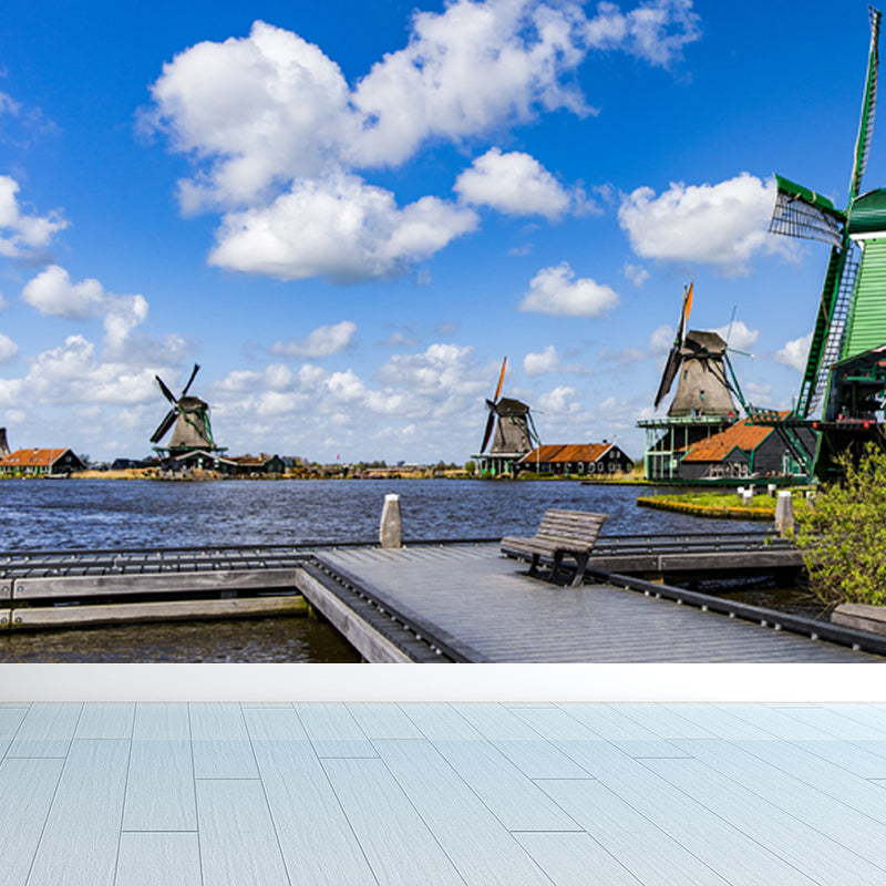 Huge Windmill and Sky Mural for Bedroom Nature Scene Wall Art in Pastel Color, Stain Resistant