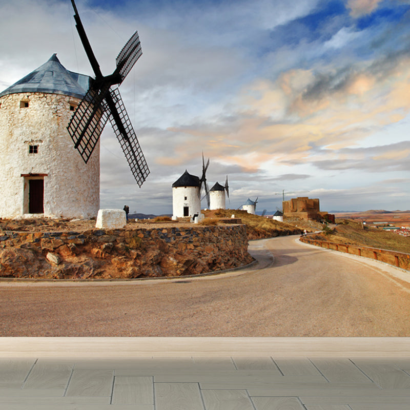 Huge Windmill and Sky Mural for Bedroom Nature Scene Wall Art in Pastel Color, Stain Resistant
