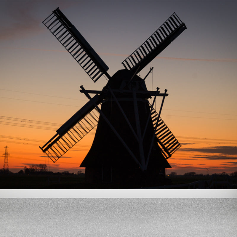 Huge Windmill and Sky Mural for Bedroom Nature Scene Wall Art in Pastel Color, Stain Resistant