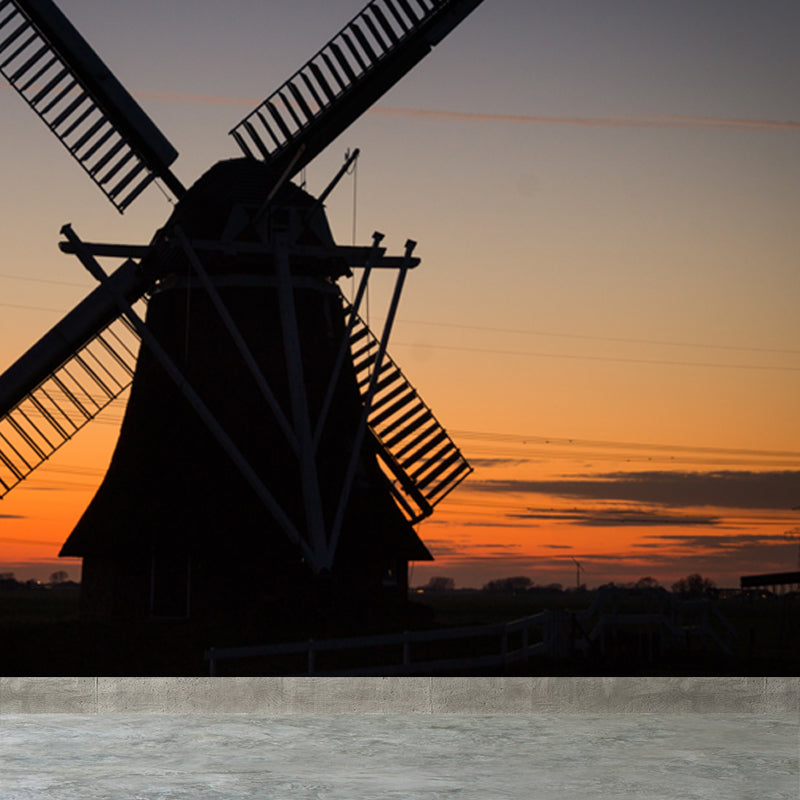 Huge Windmill and Sky Mural for Bedroom Nature Scene Wall Art in Pastel Color, Stain Resistant