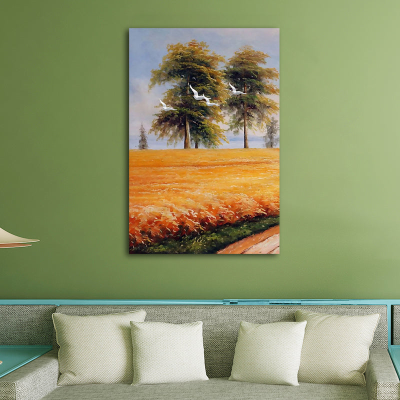 Yellow Painting Canvas Bird Flying over Field Landscape Rustic Textured Wall Art