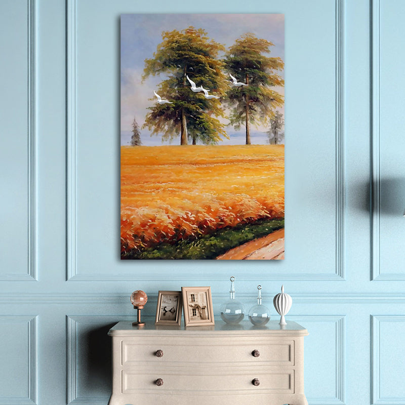 Yellow Painting Canvas Bird Flying over Field Landscape Rustic Textured Wall Art