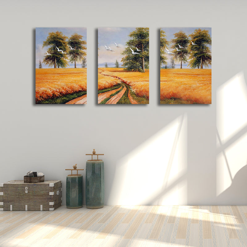 Yellow Painting Canvas Bird Flying over Field Landscape Rustic Textured Wall Art