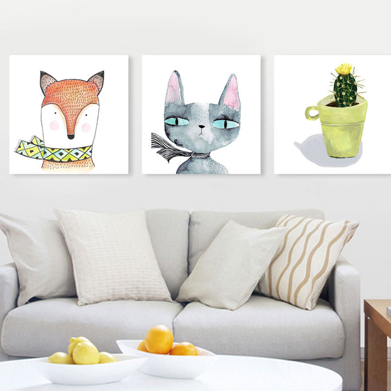 Animal Print Wall Art Living Room Pot Plant Canvas Painting in White for House Decor