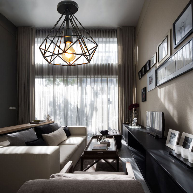 Plafonnier Semi-affleurant à 1 tête, style industriel, Cage en diamant, luminaire de plafond métallique, noir/blanc, pour chambre à coucher