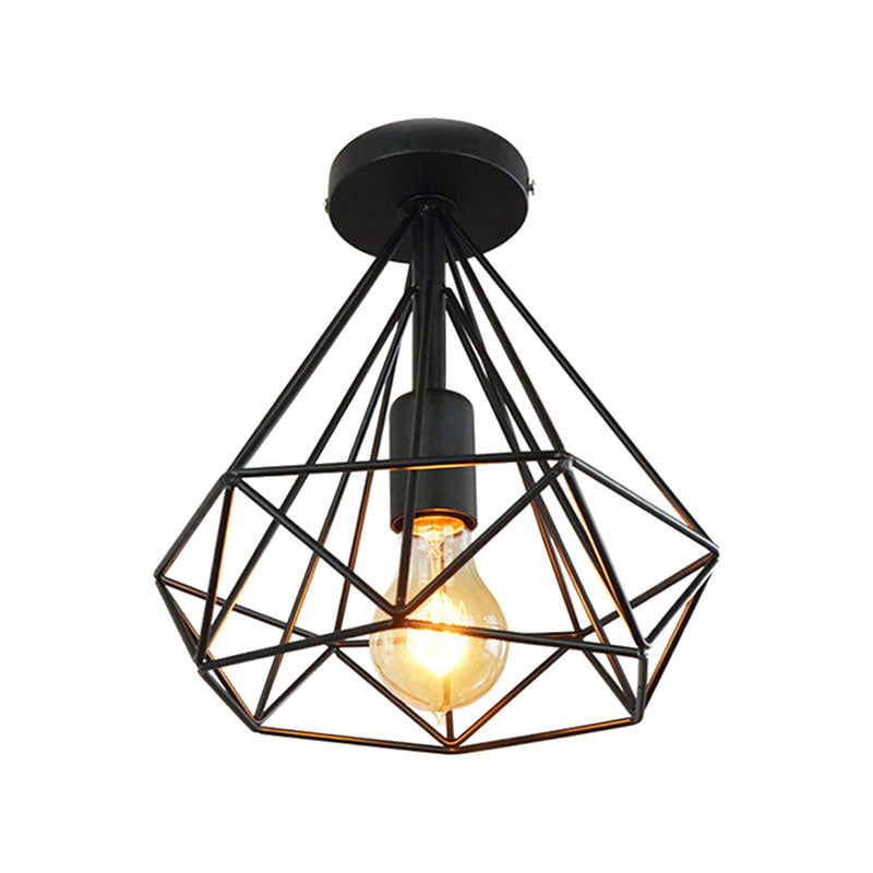 Plafonnier Semi-affleurant à 1 tête, style industriel, Cage en diamant, luminaire de plafond métallique, noir/blanc, pour chambre à coucher
