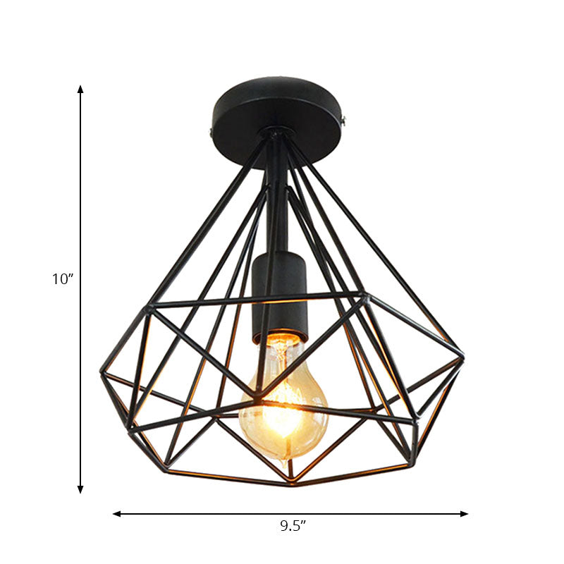 Plafonnier Semi-affleurant à 1 tête, style industriel, Cage en diamant, luminaire de plafond métallique, noir/blanc, pour chambre à coucher