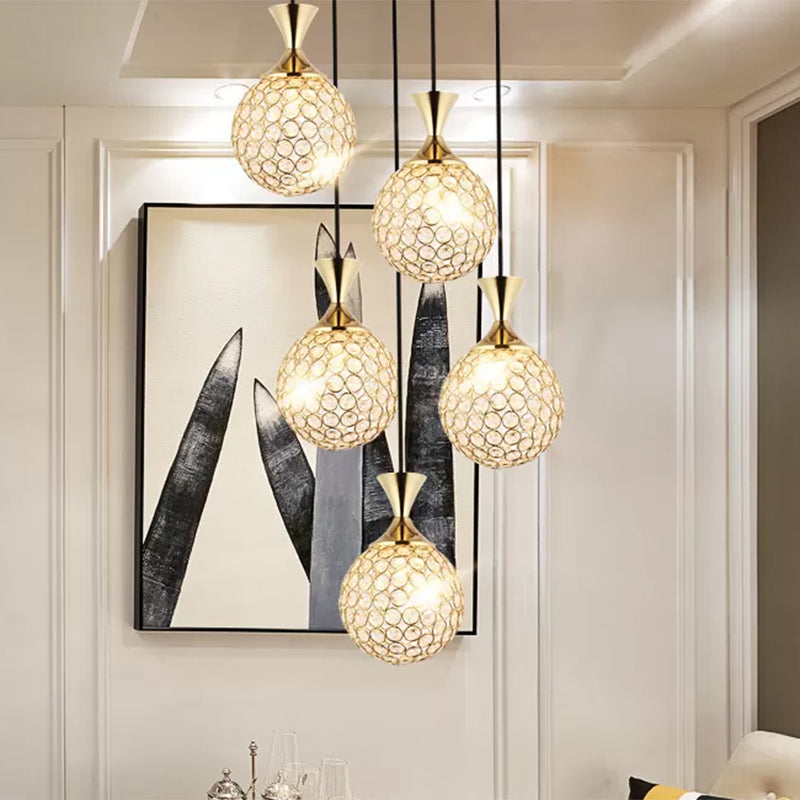 Lampada del soffitto della sala da pranzo Globe Minimal Crystal Encrusted 3/5 Bulbs Oro Gold Multi Pendente Apparecchio di illuminazione