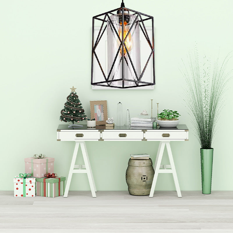 Black Cylinder Pendant Ceiling Light Farmhouse Clear Glass/Fabric 1 Light Living Room Hanging Lamp with Plug