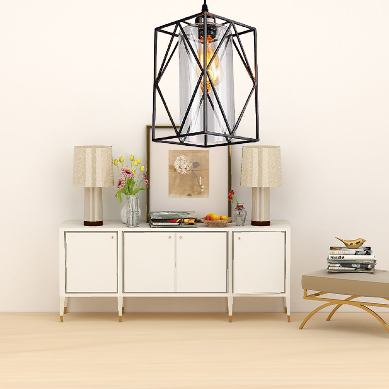 Black Cylinder Pendant Ceiling Light Farmhouse Clear Glass/Fabric 1 Light Living Room Hanging Lamp with Plug