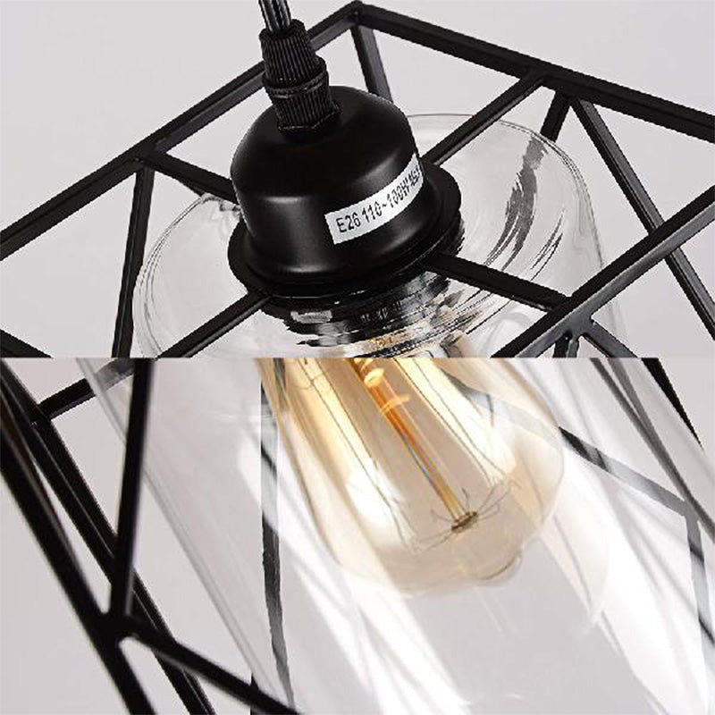Black Cylinder Pendant Ceiling Light Farmhouse Clear Glass/Fabric 1 Light Living Room Hanging Lamp with Plug