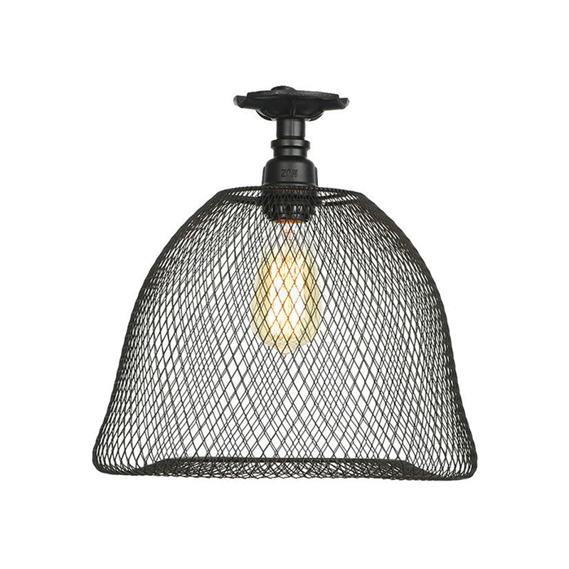 1 Bulb Saucer/Barrel Semi Flush Light Industrial Stylish Black Finish Metal Ceiling Mounted Light with Mesh Screen