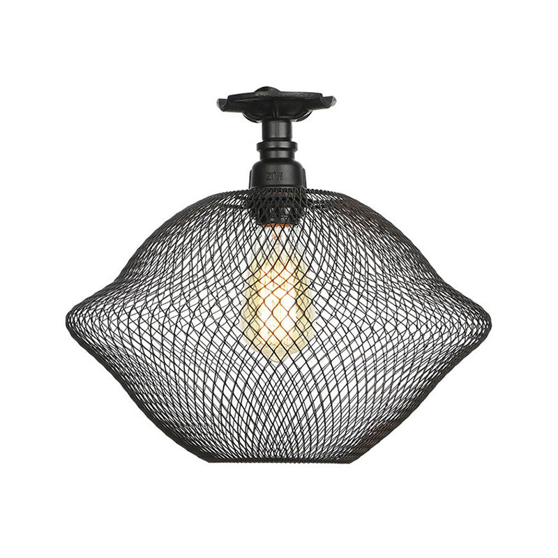 1 Bulb Saucer/Barrel Semi Flush Light Industrial Stylish Black Finish Metal Ceiling Mounted Light with Mesh Screen