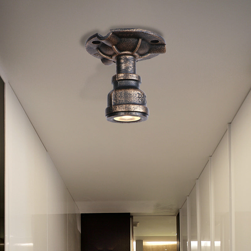 1 Light Metal Semi Flush Light Rustic Industrial Antique Brass Water Pipe Hallway Ceiling Mounted Light