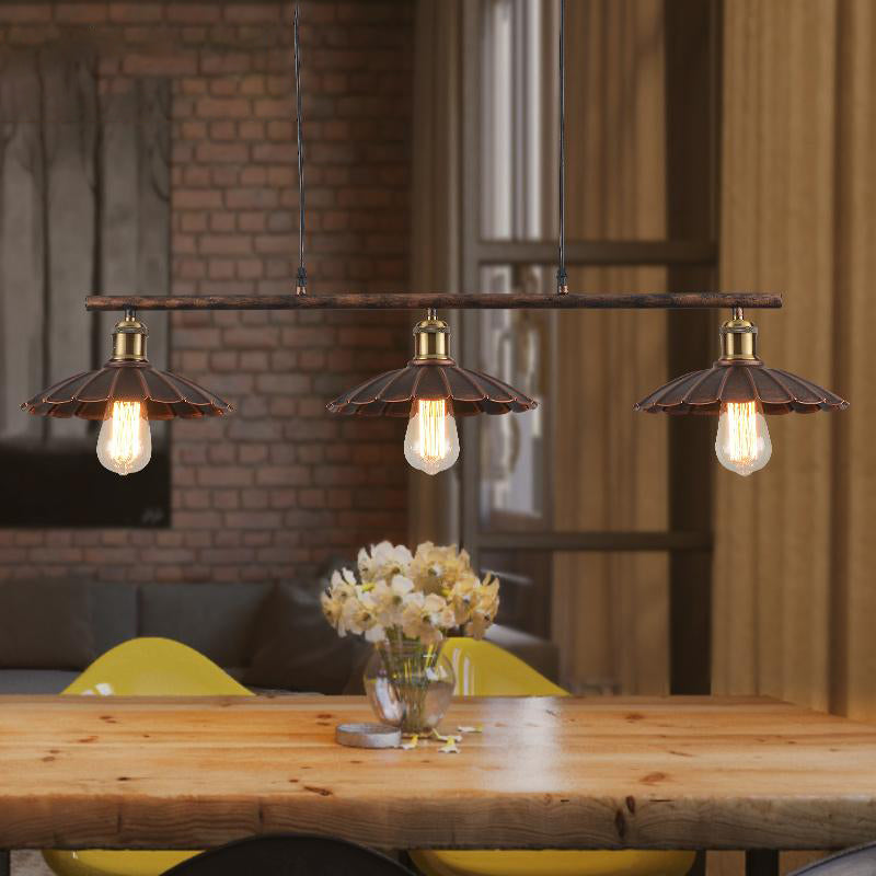 Scalloped Edged Metal Island Light Antique Style 3 Heads Dining Table Pendant Lighting in Rust