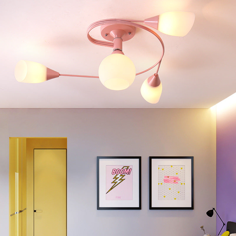 Curly Semi Flush Mount Light Nordic Fer 4/6 HEAD GREN / ROSE / JAUNE PLAFICATION AVEC BLAND D'ECVOIRE DE VERRE