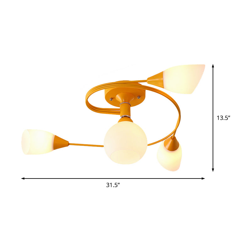 Curly Semi Flush Mount Light Nordic Fer 4/6 HEAD GREN / ROSE / JAUNE PLAFICATION AVEC BLAND D'ECVOIRE DE VERRE