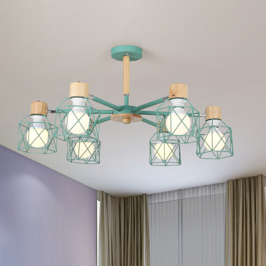 Cage Semi Flush Lamp Nordic Iron 3/6/8-Head Black/Green/Gold Ceiling Drop Pendant Lighting