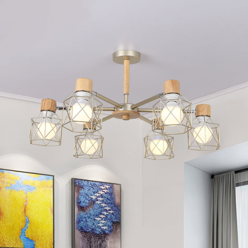 Cage Semi Flush Lamp Nordic Iron 3/6/8-Head Black/Green/Gold Ceiling Drop Pendant Lighting