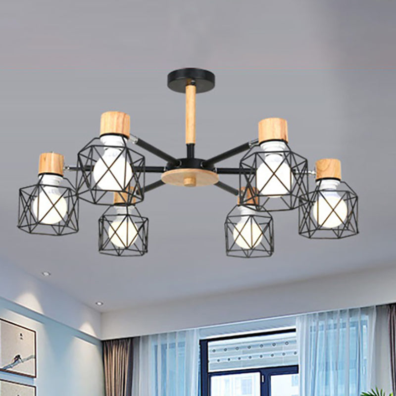 Cage Semi Flush Lamp Nordic Iron 3/6/8-Head Black/Green/Gold Ceiling Drop Pendant Lighting