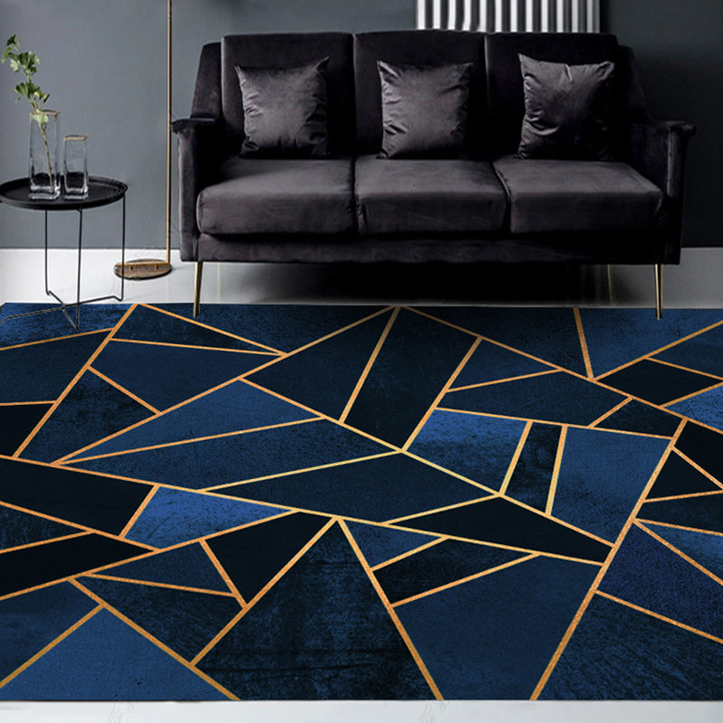 Dark Blue Novelty Rug Polyester Geometric Pattern Rug Washable Non-Slip Backing Carpet for Living Room