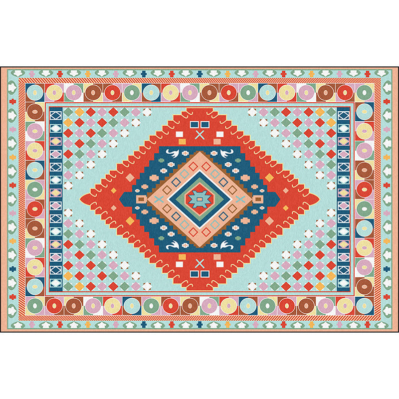 Blue and Orange Bedroom Rug Moroccan Medallion Circle Diamond Pattern Area Rug Polyester Anti-Slip Washable Carpet