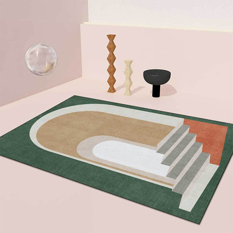 Modern Living Room Rug in Blue and Green Color Block Door Stair Print Rug Polyester Machine Washable Area Rug