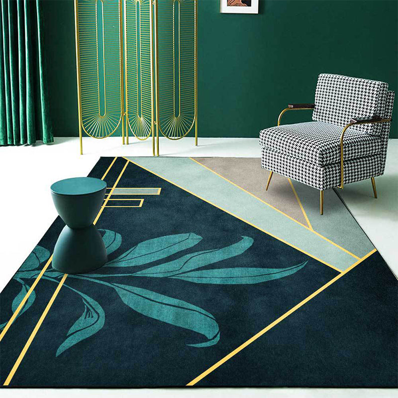Green Novelty Rug Polyester Geometric and Leaf Pattern Rug Washable Non-Slip Backing Carpet for Living Room