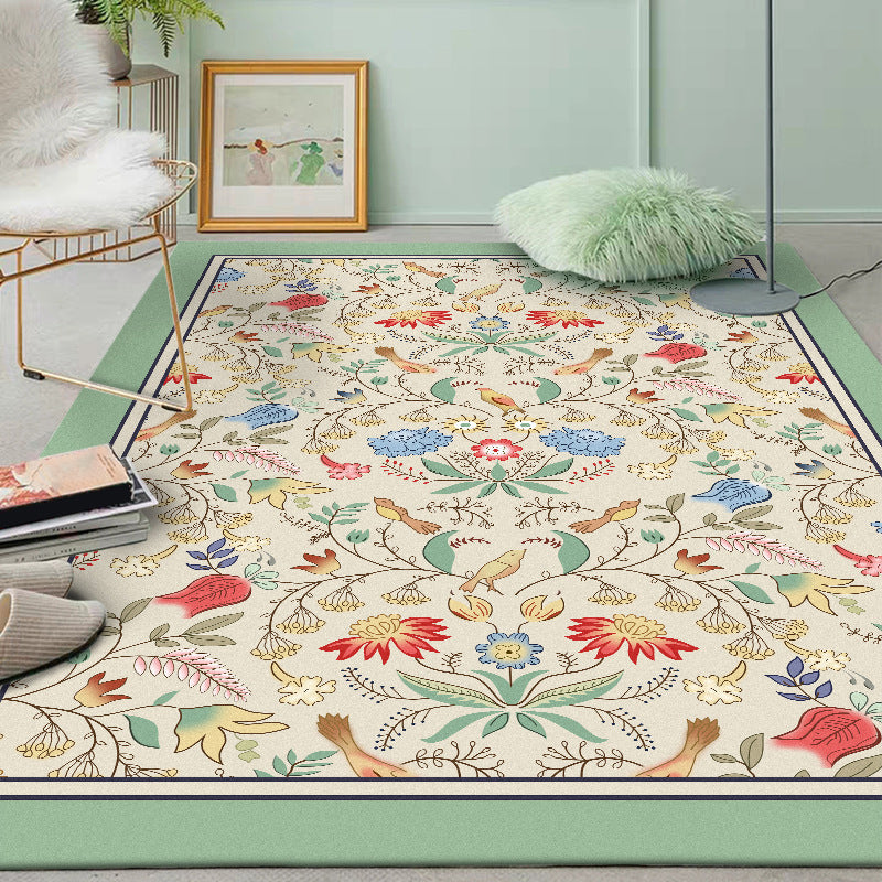 Retro-vloerkleed met bloemen met bladbeige en groen klassiek tapijten polyester wasbaar niet-slip achterstallige ruggengrens voor de woonkamer