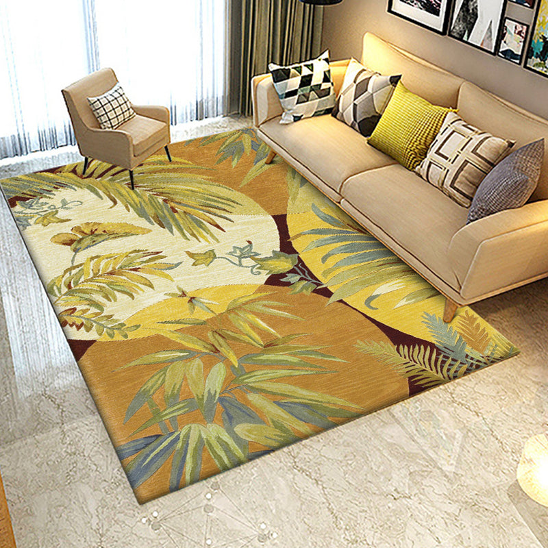 Retro Leaf Pattern Rug Yellow Classic Rug Polyester Washable Non-Slip Backing Area Rug for Living Room
