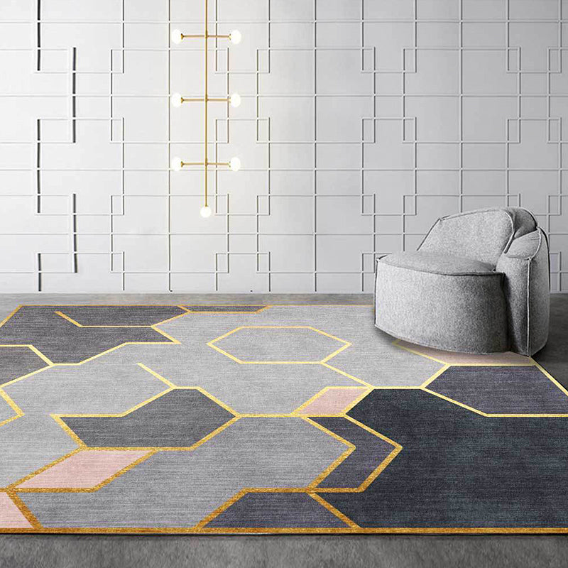 Grey Novelty Rug Polyester Geometric Pattern Rug Washable Non-Slip Backing Carpet for Living Room