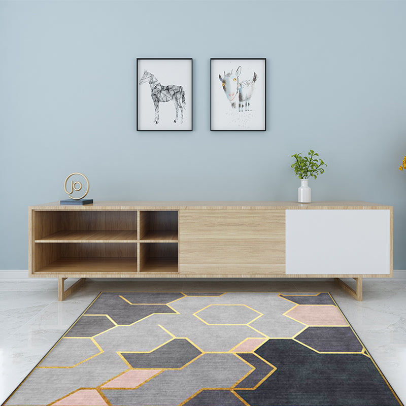 Grey Novelty Rug Polyester Geometric Pattern Rug Washable Non-Slip Backing Carpet for Living Room