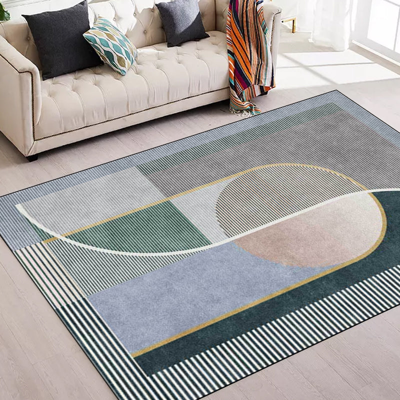 Unique Striped Pattern Rug Green and Grey Nordic Rug Polyester Washable Anti-Slip Backing Area Rug for Living Room